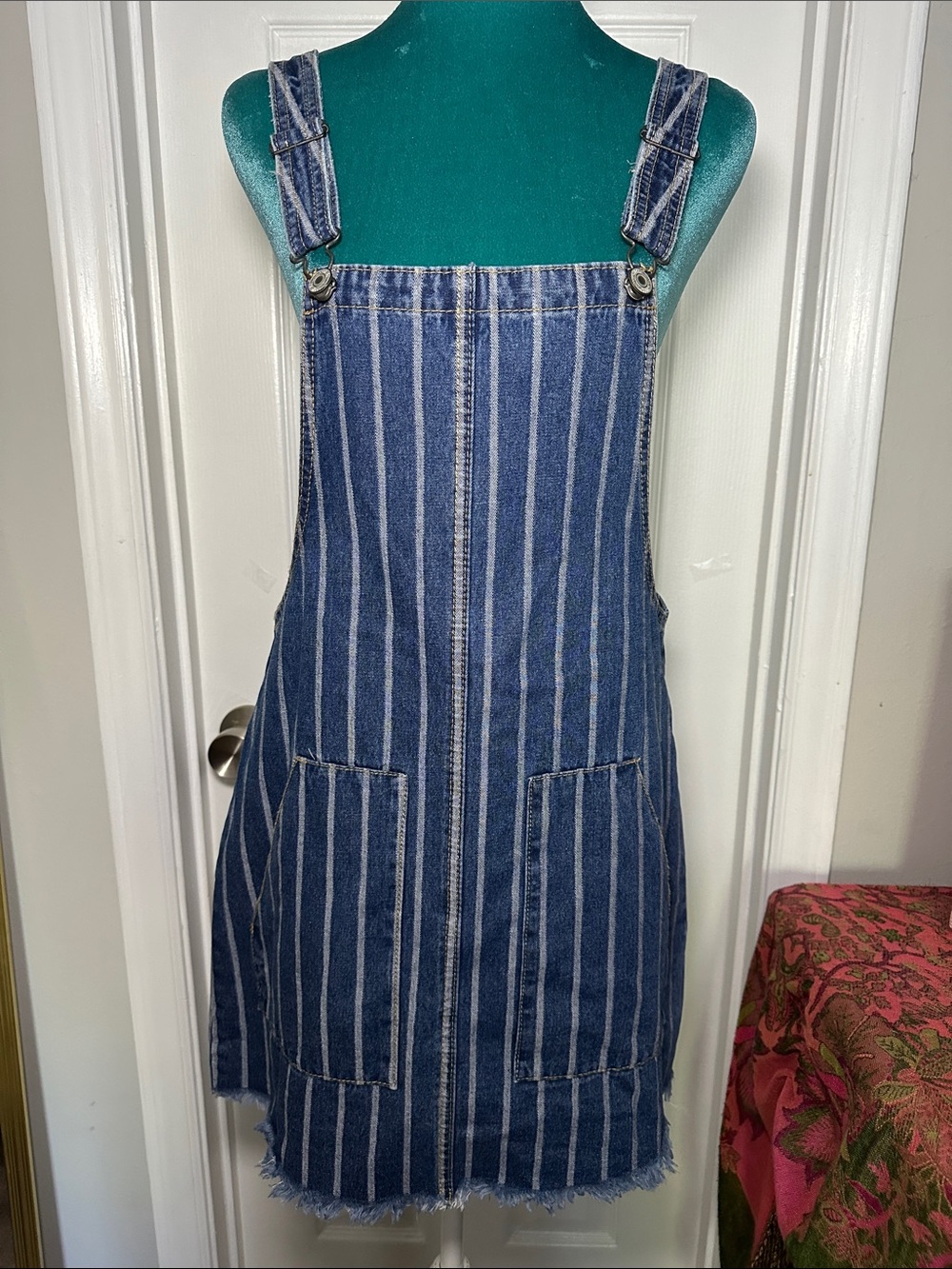 Tilly's Navy Blue Pinstripe Denim Overall Dress